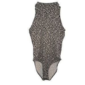 NEW Gaze Gray Mock Neck Sleeveless Leopard Print Bodysuit Size XS